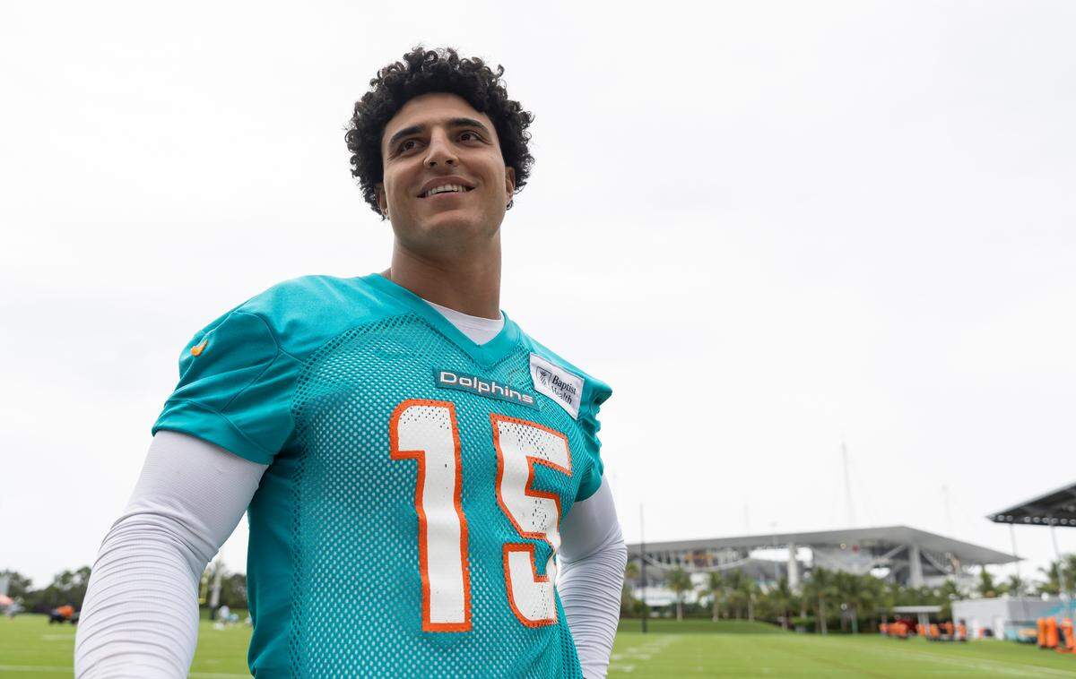 Miami Dolphins linebacker Jaelan Phillips (15) speaks to the media during team practice at the Baptist Health Training Complex on Tuesday, June 6, 2023, in Miami Gardens, Fla.