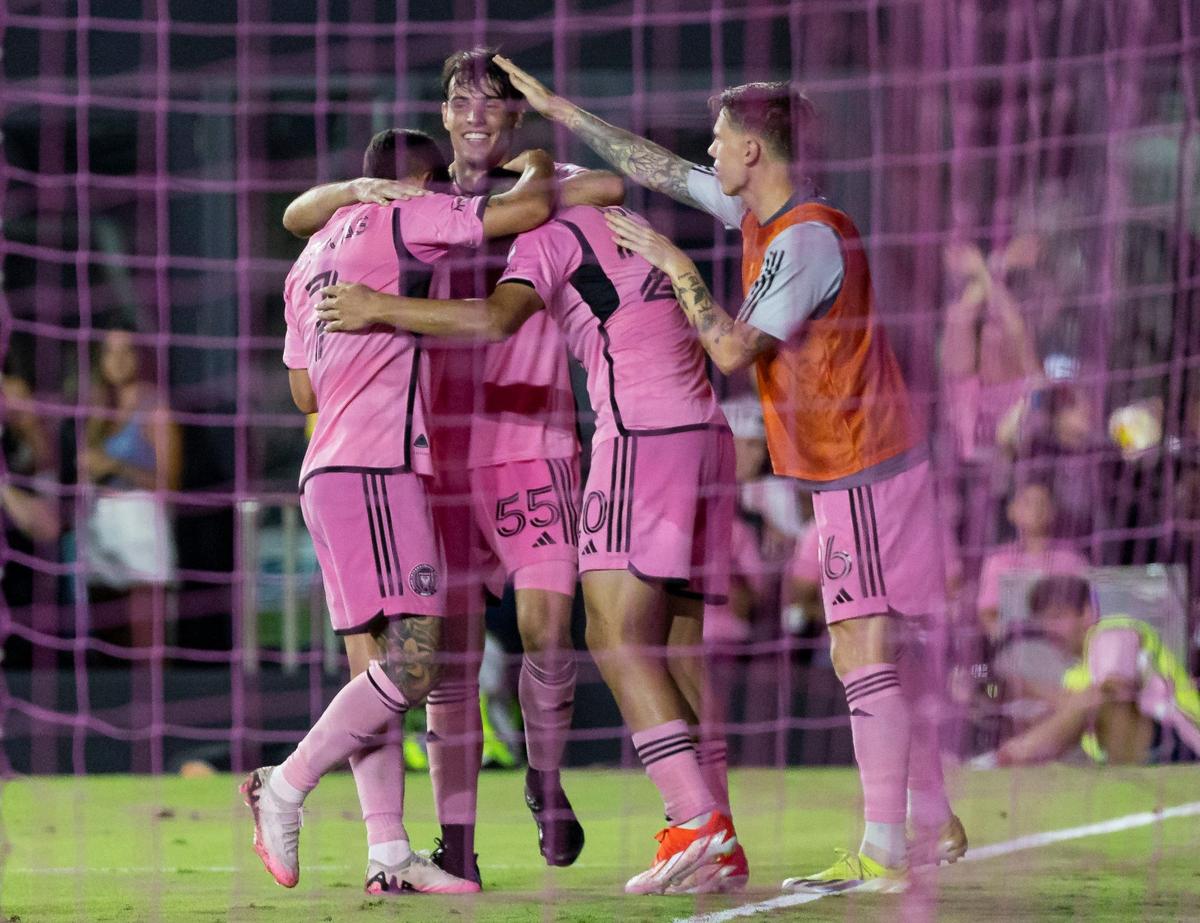 Inter Miami midfielder Federico Redondo (55) celebrates with his teammates after scoring a second goal against Toronto FC in the second half of their MLS match at Chase Stadium on Wednesday, July 17, 2024, in Fort Lauderdale, Fla.