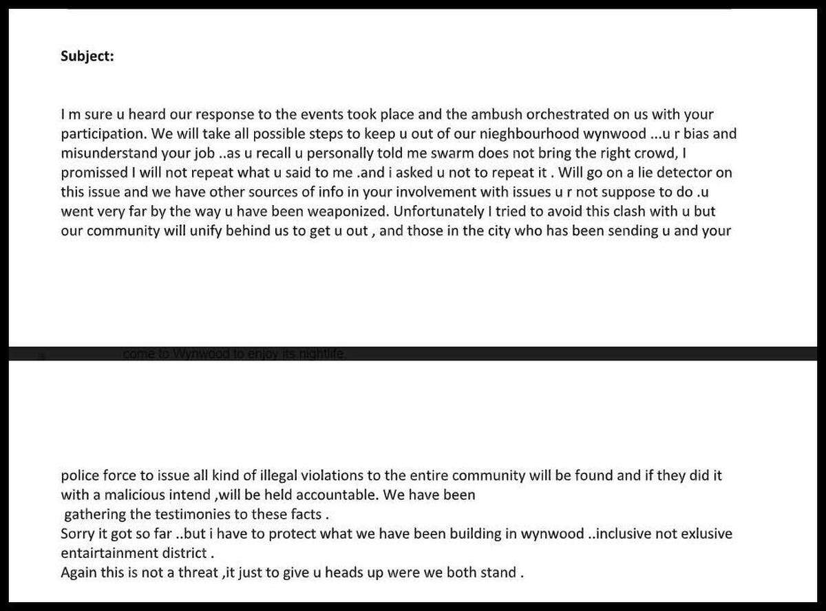 Text messages sent from Moishe Mana to police Commander Dan Kerr after Wynwood Marketplace was closed for lack of compliance.