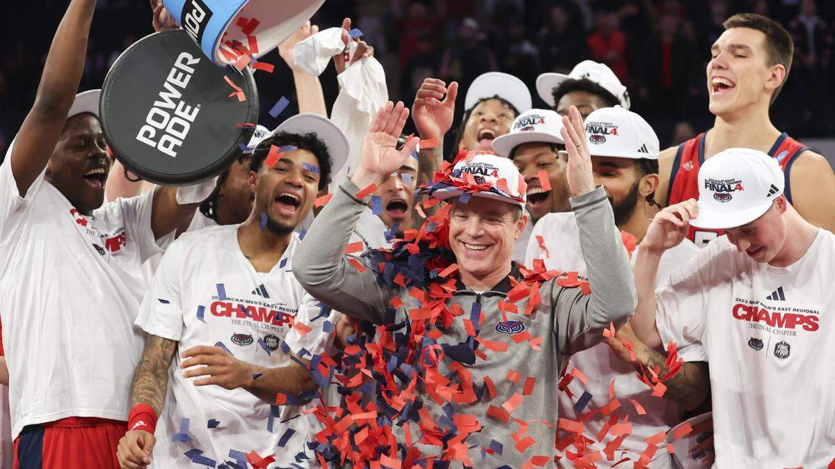 Mar 25, 2023; New York, NY, USA; Florida Atlantic Owls head coach Dusty May reacts after having confetti dumped on him following their 79-76 victory against the Kansas State Wildcats in an NCAA tournament East Regional final at Madison Square Garden. Mandatory Credit: Brad Penner-USA TODAY Sports