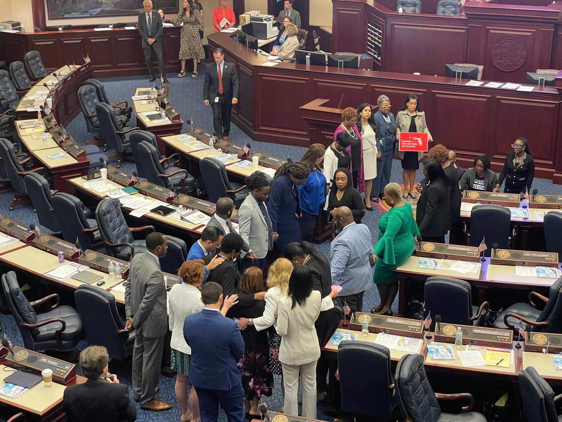Florida House Democrats protest against the congressional map proposed by Gov. Ron DeSantis and approved by the Florida Senate. The protest in the Florida House chamber prompted a recess in the consideration of the bill by the House on Thursday, April 21, 2022, in Tallahassee.