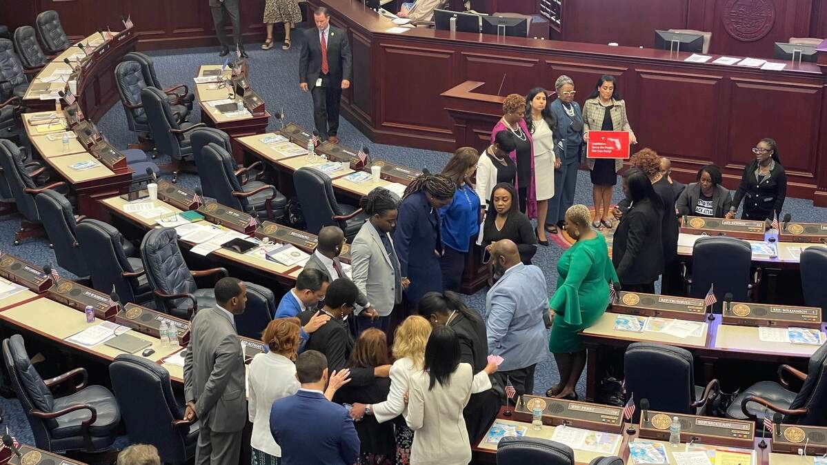 Florida House Democrats protest against the congressional map proposed by Gov. Ron DeSantis and approved by the Florida Senate. The protest in the Florida House chamber prompted a recess in the consideration of the bill by the House on Thursday, April 21, 2022, in Tallahassee.