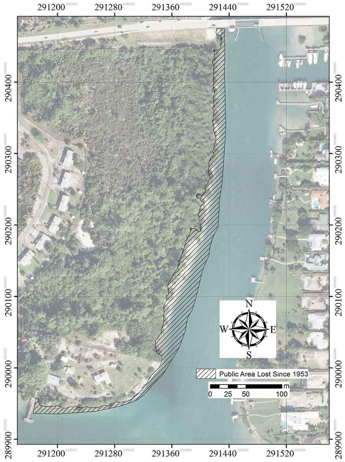 An image from a report by the team at Florida Atlantic University shows the land that has eroded from the lighthouse area since 1953.