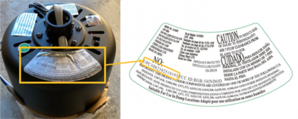 The UPC code on the Hampton Bay 54-inch Mara Ceiling Fans label