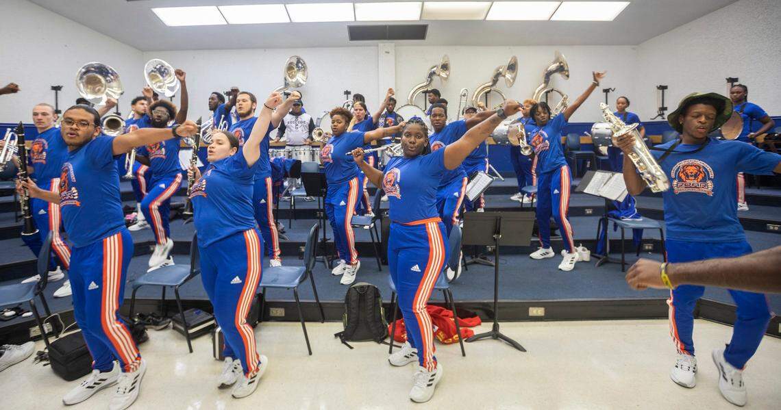 Florida Memorial University’s The ROAR Marching Band performs its signature song “FloMo Groove” on Friday June 9, 2023, in Miami Gardens, Florida.