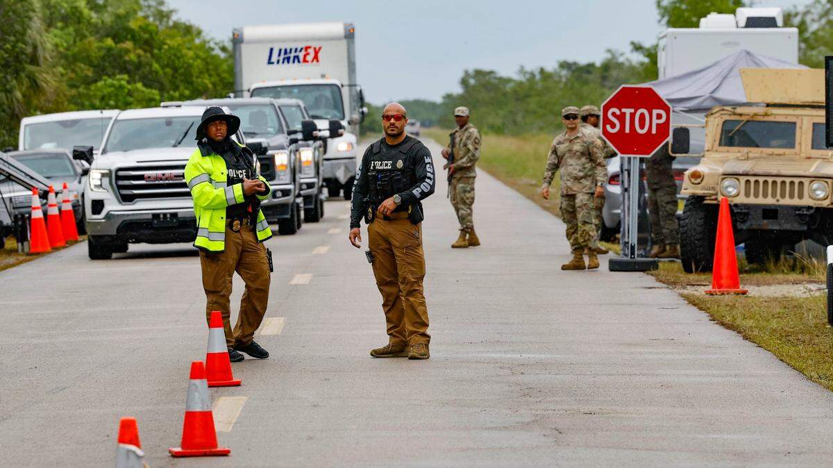 A check point at Alligator Alcatraz as Florida State Representatives denied entry. The facility is within the Florida Everglades, 36 miles west of the central business district of Miami, in Collier County, Florida. , Florida, on Thursday, July 3, 2025. 