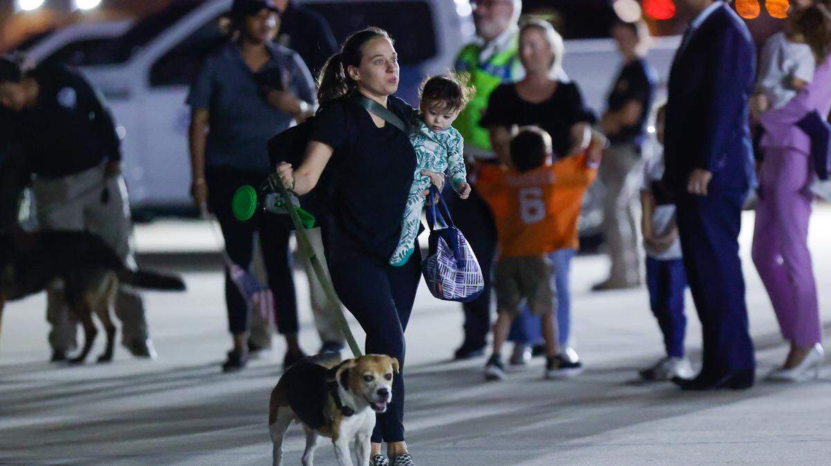 A chartered flight organized by Project Dynamo arrives to Tampa International Airport on Sunday, Oct. 15, 2023. The flight organized by Project Dynamo had 270 evacuees from Israel including 91 children and four dogs.