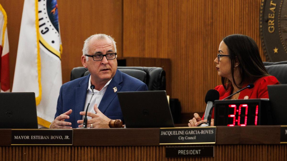 City of Hialeah Council President Jacqueline Garcia-Roves, listens as Mayor Esteban Bovo, Jr. speaks during a City Commission meeting, at City Hall, on Tuesday, February 11, 2025.