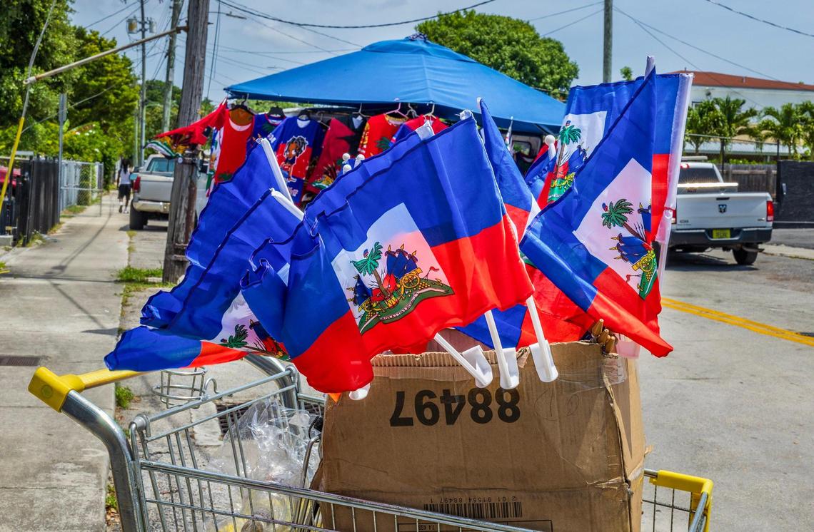 Haitian flags for sale on a street in Little Haiti ahead of the Haiti’s Flag day celebration.