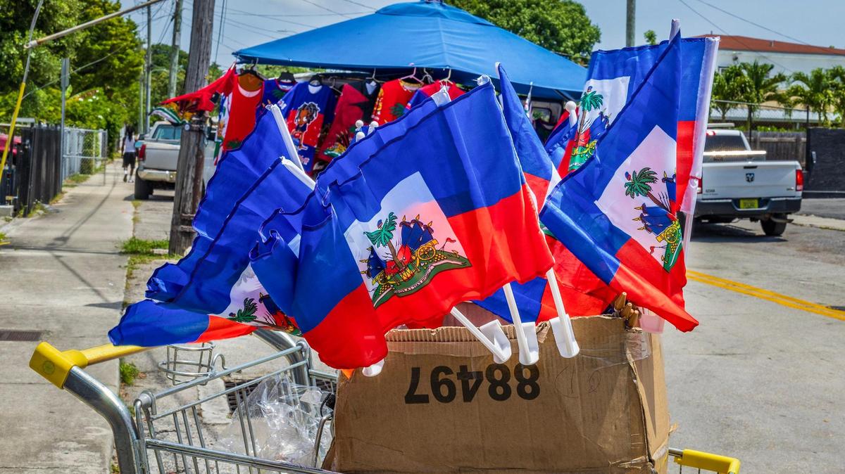 Haitian flags for sale on a street in Little Haiti in Miami on May 18, 2025.