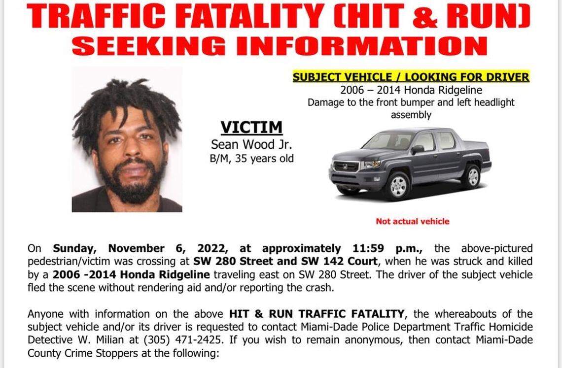 Sean Wood Jr. was struck and killed by a hit-and-run driver while crossing Southwest 280th Street at Southwest 142nd Court on Nov. 6, 2022, according to the Miami-Dade Police Department.