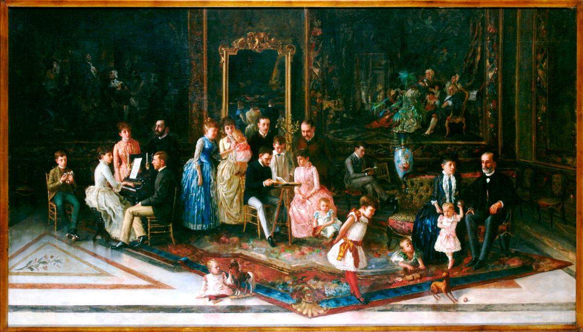 A portrait, painted by Cuban artist José Arburu Morel, of Don Antonio Gonzalez de Mendoza and Doña Maria de la Mercedes Pedroso with their children in their multi-generational home in Havana.