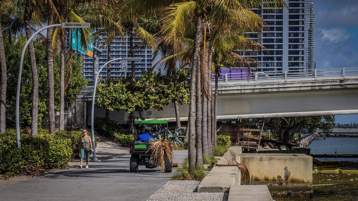 View of the Miami longest continuous waterfront baywalk in the Maurice A. Ferré Park that ends at the South side of I-395 Bridge, the future location of the planned I-395 Baywalk Pedestrian and Bikeway extension under the Bridge that will connect the Baywalk with the old Herald site on the North side, on Thursday, March 12, 2026.
