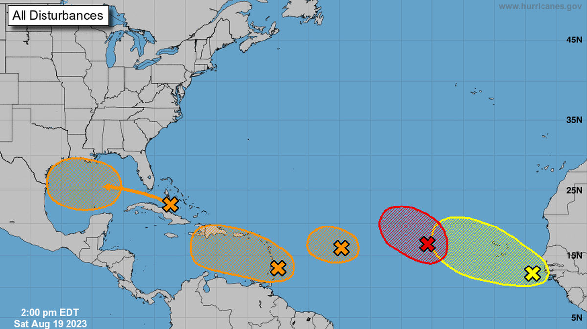 The National Hurricane Center is tracking five disturbances in the Atlantic Ocean on Saturday, Aug. 19, 2023. The shaded areas indicate areas of possible development with their respective probabilities.