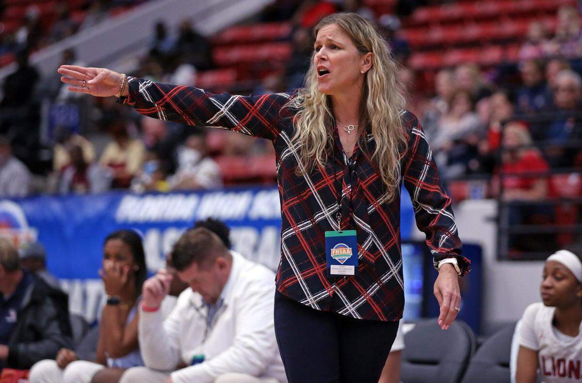 Westminster Academy head coach Shannon Wallhoff directs the team during the game against Florida State University School in a girls basketball Class 3A state semifinal at the RP Funding Center in Lakeland on Wednesday, February 23, 2022.