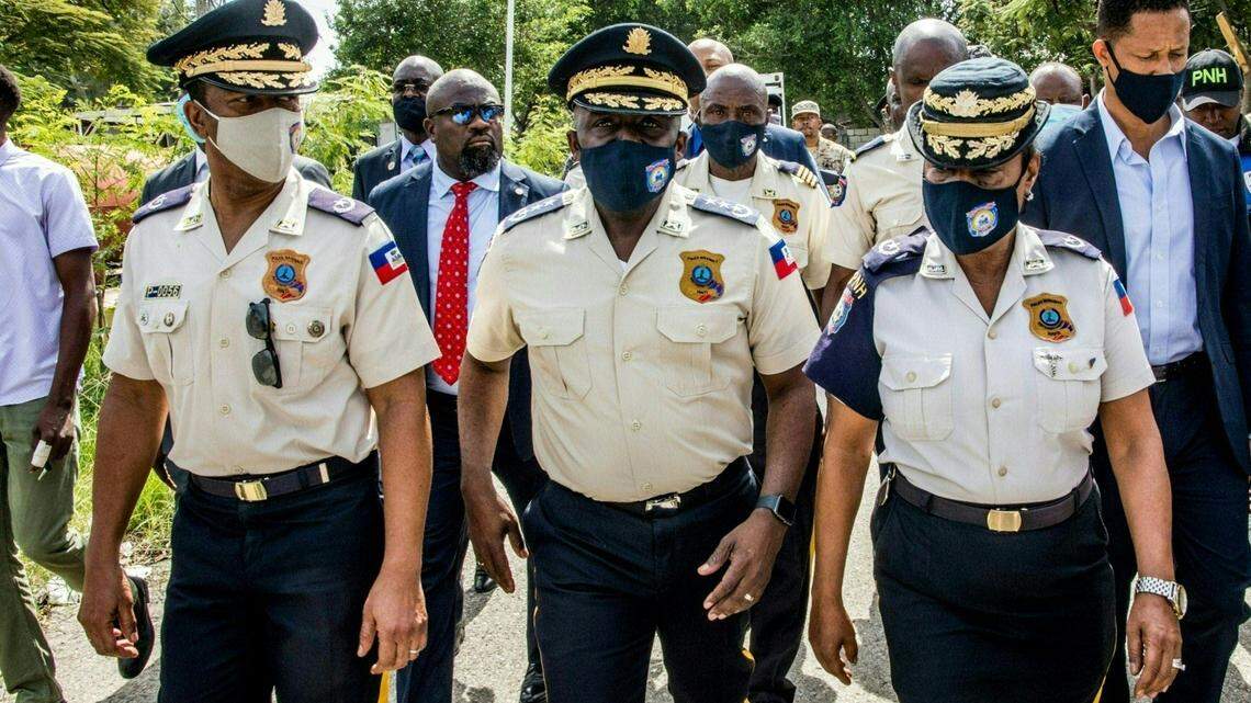 The new director general of the National Police of Haiti (PNH), Léon Charles (C) walks during a ceremony in Port-au-Prince, Haiti on November 16, 2020. - Léon Charles is the new director general of the National Police of Haiti (PNH), replacing Rameau Normil who was struggling to ensure the safety of the population with the proliferation of armed gangs in the capital and in the provincial towns and especially acts of kidnapping for ransom recorded in cascade in Port-au-Prince in recent months. (Photo by Valerie Baeriswyl / AFP) (Photo by VALERIE BAERISWYL/AFP via Getty Images)