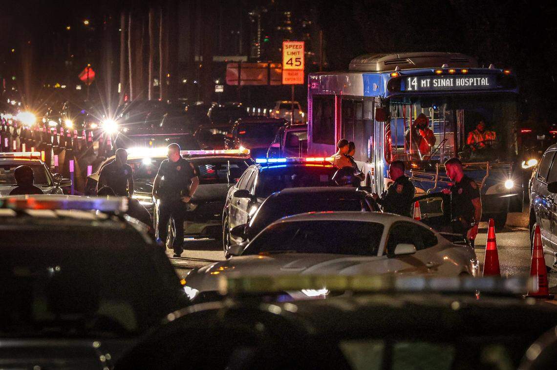 In the evening, traffic slowed to a standstill into Miami Beach from the MacArthur Causeway as city officers and Florida Highway Patrol deputies began a license plate reader detail on Sunday, March 10, 2024 eastbound between Star Island and Terminal Island in Miami Beach, Florida. .