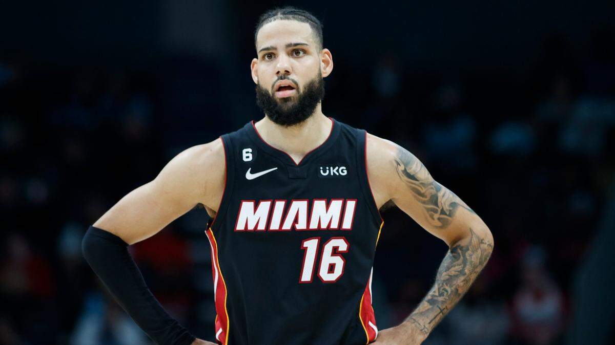 Miami Heat forward Caleb Martin stands on the court during the first half of an NBA basketball game against the Charlotte Hornets in Charlotte, N.C., Sunday, Jan. 29, 2023.