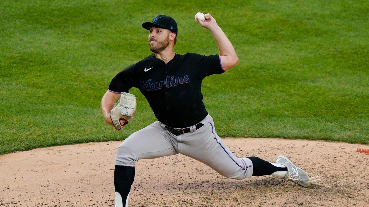Miami Marlins’ Dan Castano winds up during the seventh inning of a baseball game against the New York Yankees, Sunday, Sept. 27, 2020, at Yankee Stadium in New York. (AP Photo/Kathy Willens)