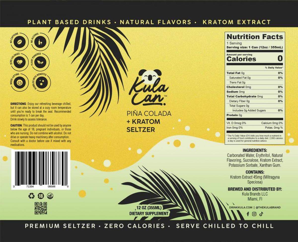 The label of Piña Colada + Kratom flavor of Kula Can seltzer from Miami-based Kula Brands.
