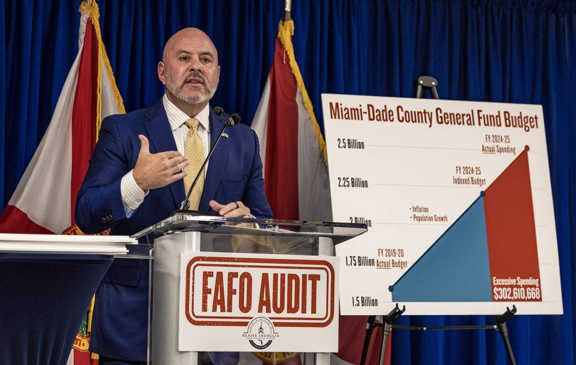 Florida CFO Blaise Ingoglia speaks about the government accountability and wasteful spending in Miami Dade County, during a press conference at Florida International University's (FIU) Biscayne Bay Campus, on Thursday October 30, 2025.