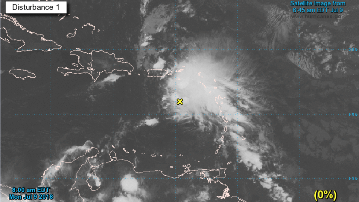 The National Hurricane Center's 8 a.m. update shows that former Hurricane Beryl has dissipated to a collection of showers and thunderstorms as it crosses over the Virgin Islands and Puerto Rico, bringing  a few inches of rain.
