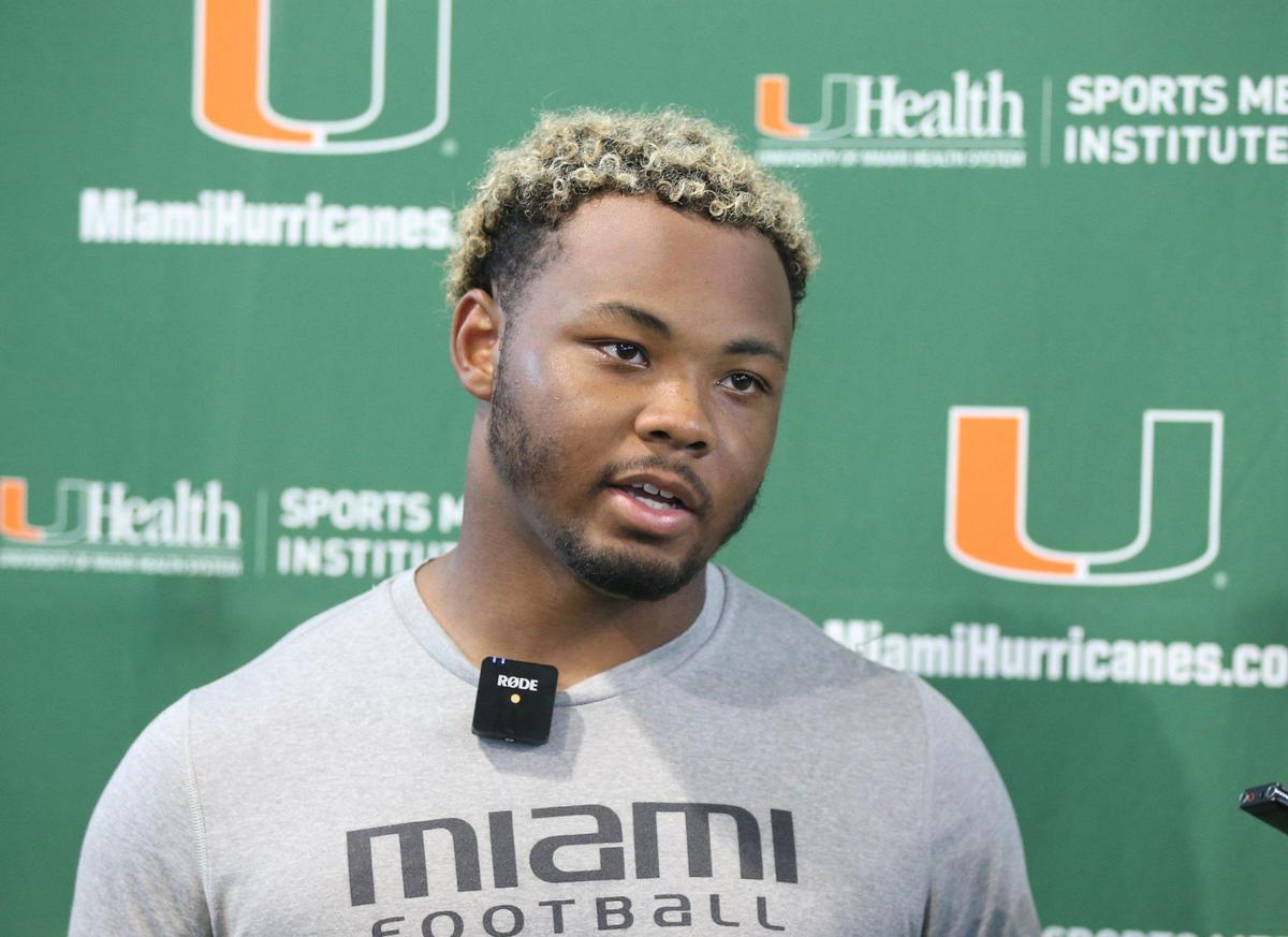 Miami Hurricanes linebacker Corey Flagg, Jr. meets with reporters after practice at the University of Miami’s Greentree Practice Field in Coral Gables on Thursday, April 7, 2022.