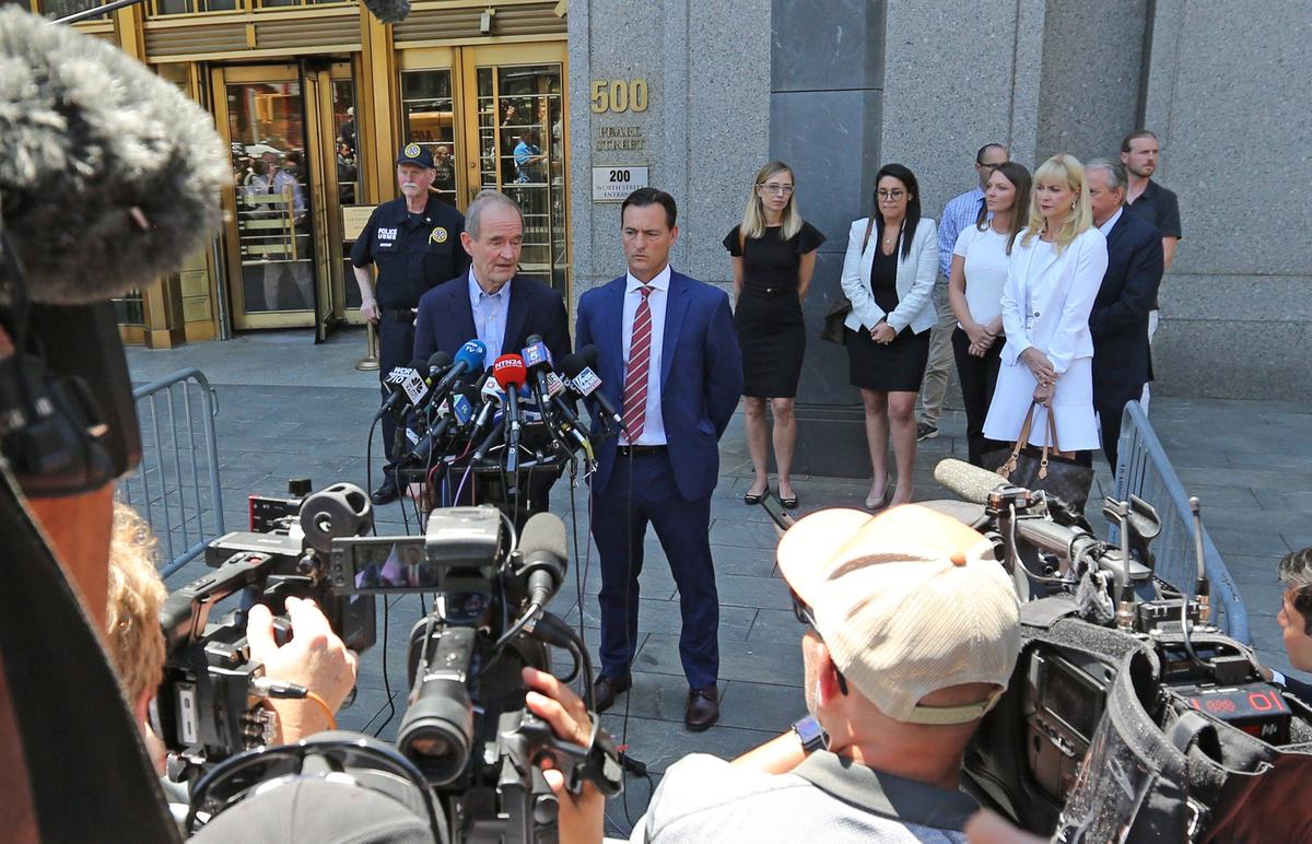 David Boies and Bradley Edwards speak to the news media alongside two of Jeffrey Epstein’s accusers following the Epstein bond hearing Monday, July 15, 2019, which will be continued Thursday. In addition to Courtney Wild, Annie Farmer also spoke to the court about her alleged abuse by Epstein.
