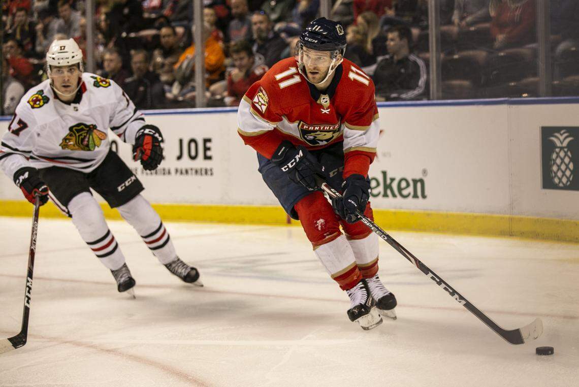 Florida Panthers left wing Jonathan Huberdeau (11) skates with the puck in the first period as the Florida Panthers host the Chicago Blackhawks at the  BB&T Center in Sunrise on Saturday, February 29, 2020.