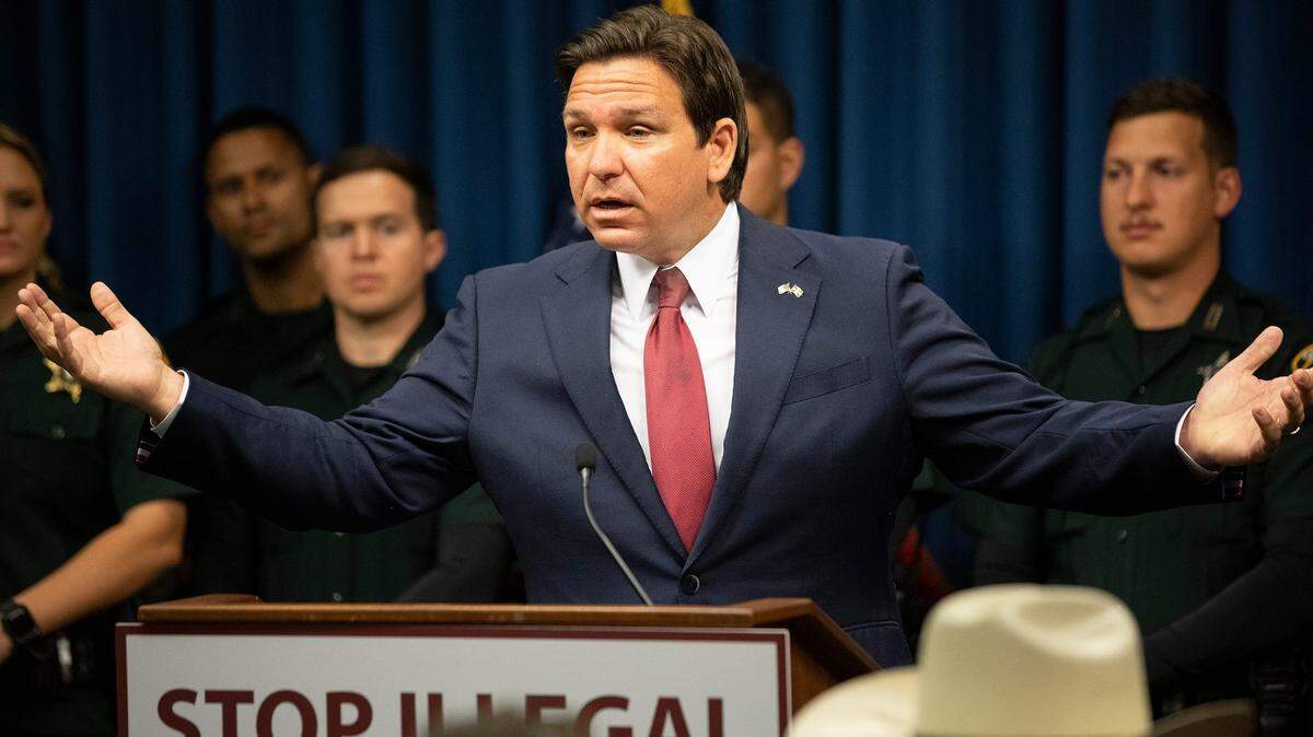 Florida Governor Ron DeSantis comments on illegal immigration during a press conference held at the Sheriff’s Operation Center in Winter Haven Fl. Friday March 15, 2024.DeSantis signed 3 bills aimed at illegal immigration , new legislation aiming to â€œStop Illegal Immigrationâ€ while discussing the stateâ€™s response to the crisis in Haiti. Ernst Peters/The Ledger