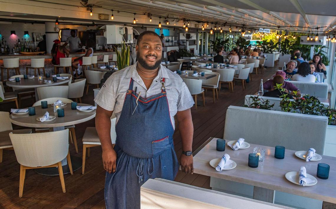Chef Tristen Epps in the beachfront dining area at Ocean Social restaurant in Miami Beach.