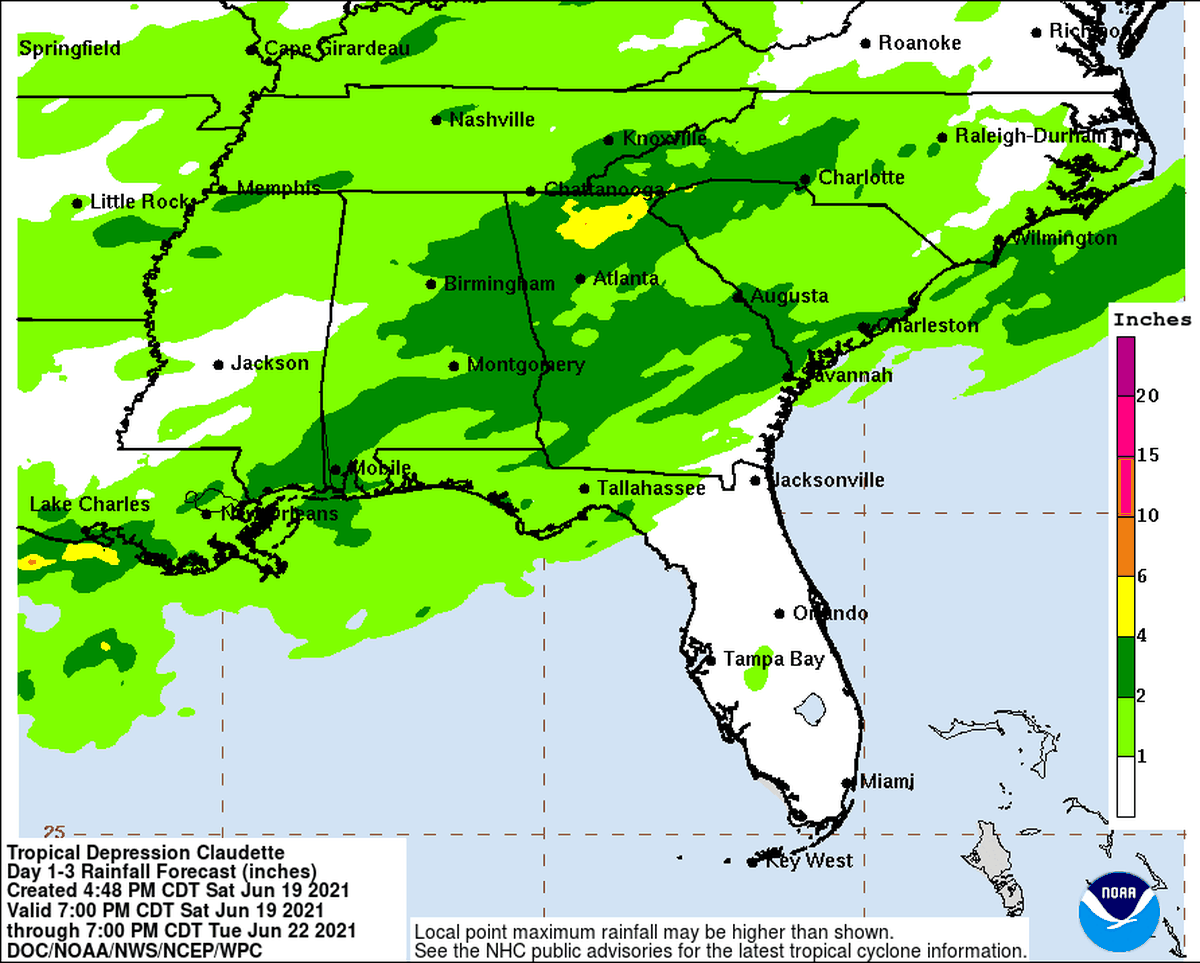 National Hurricane Center’s Tropical Storm Claudette rain predictions.