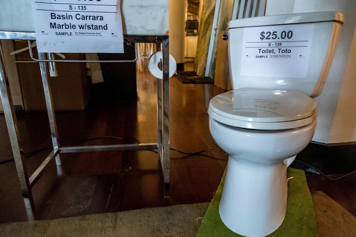 A toilet on display during the liquidation sale going on at the iconic Delano hotel.