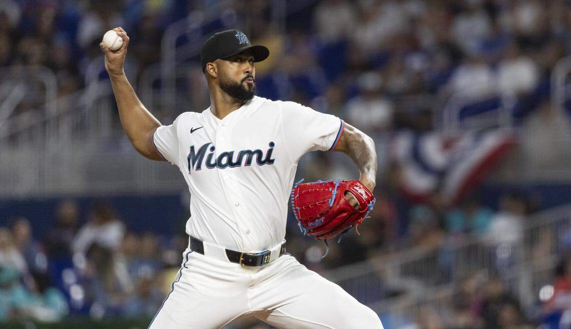 Miami Marlins pitcher Sandy Alcantara (22) pitches against the Colorado Rockies in the third inning of their MLB game at loanDepot park on Friday, March 27, 2026, in Miami, Fla.