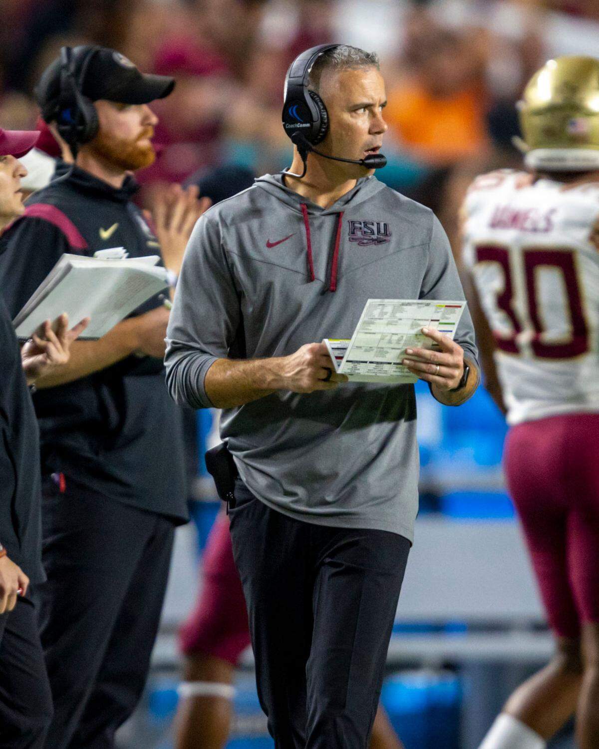 Florida State University head coach Mike Norvell reacts on the sidelines during the first quarter of an ACC football game against University of Miami at Hard Rock Stadium in Miami Gardens on Saturday, November 5, 2022.
