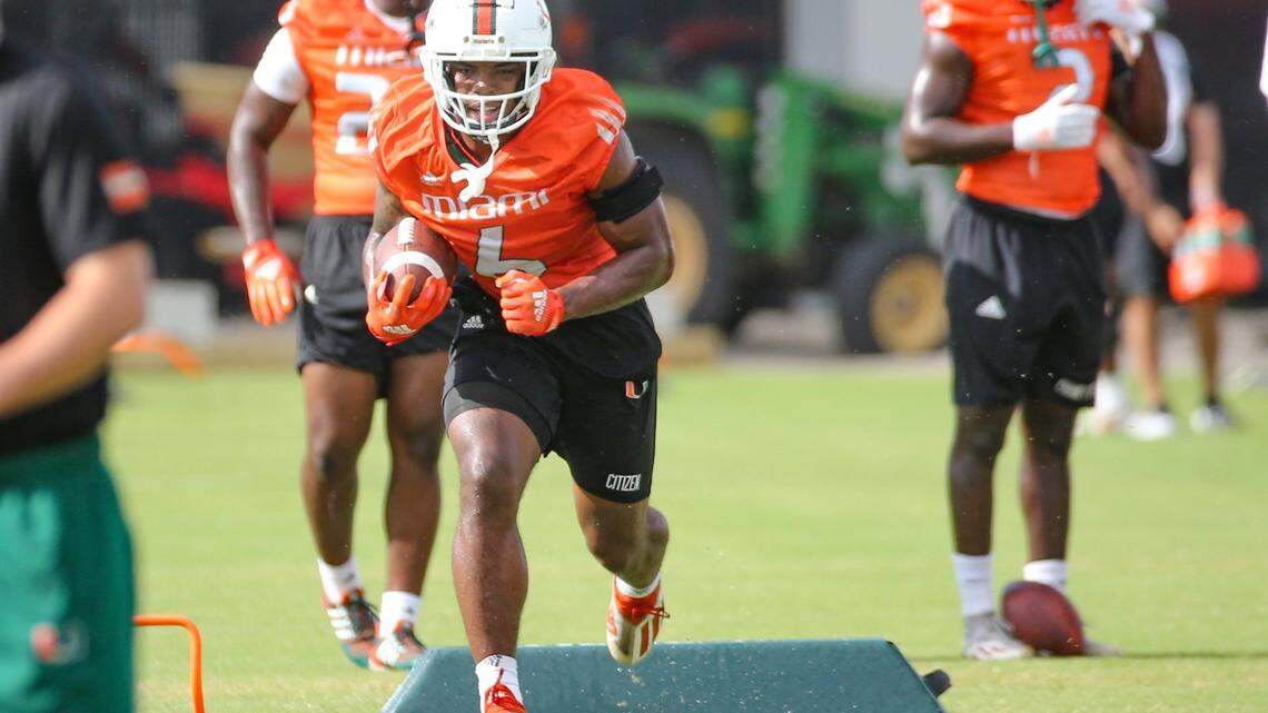 Miami Hurricanes TreVonte Citizen (6) runs through practice drills at Greentree Practice Field at the University of Miami in Coral Gables on Saturday, August 6, 2022.