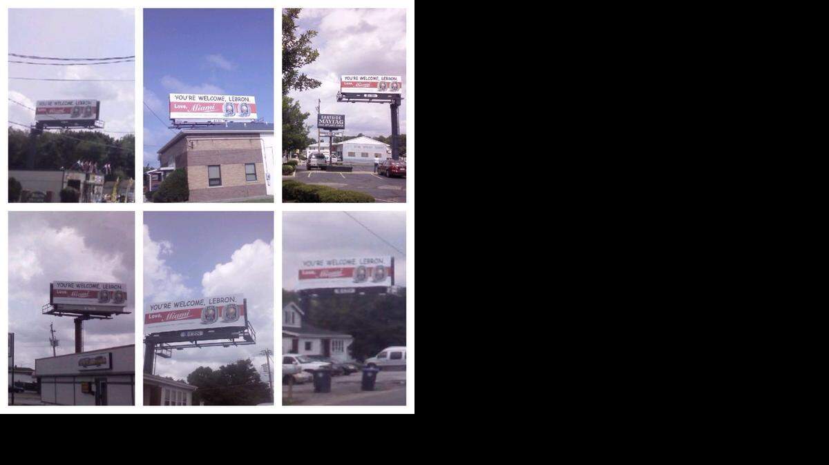 The billboards that will be displayed for a month in the Cleveland/Akron area show the two NBA championship rings that James won with the Heat and say, “You’re Welcome, LeBron. Love, Miami.”