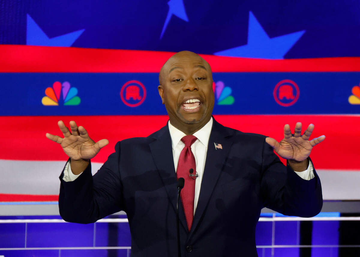 Sen. Tim Scott during the third Republican presidential primary debate Nov. 8 in Miami.