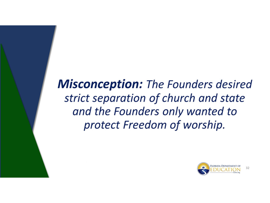 This is one of the slides shown during the Florida Department of Education’s training series for civics and government teachers.