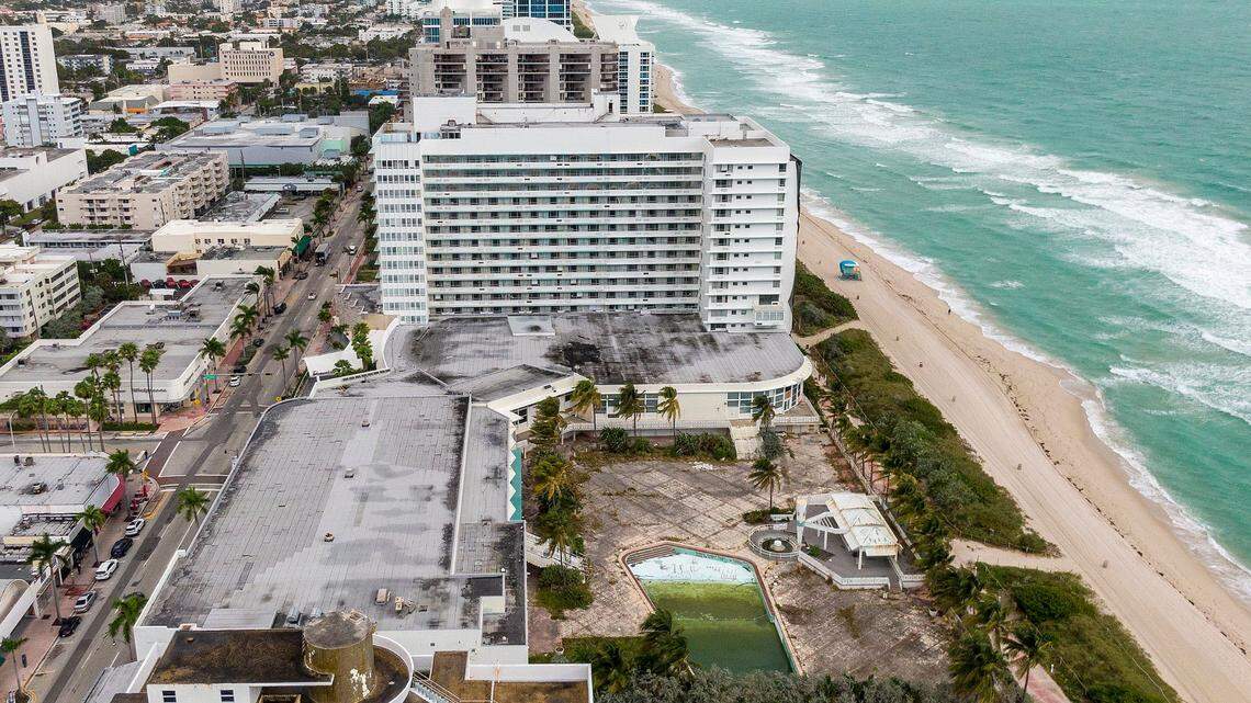 The historic Miami Beach Deauville Beach Resort is photographed on January 12, 2022. The building at 6701 Collins Ave. will be demolished after an engineering report found structural damage. In a memo, Miami Beach City Manager Alina Hudak wrote that the city’s building official had declared a demolition order for the hotel complex.