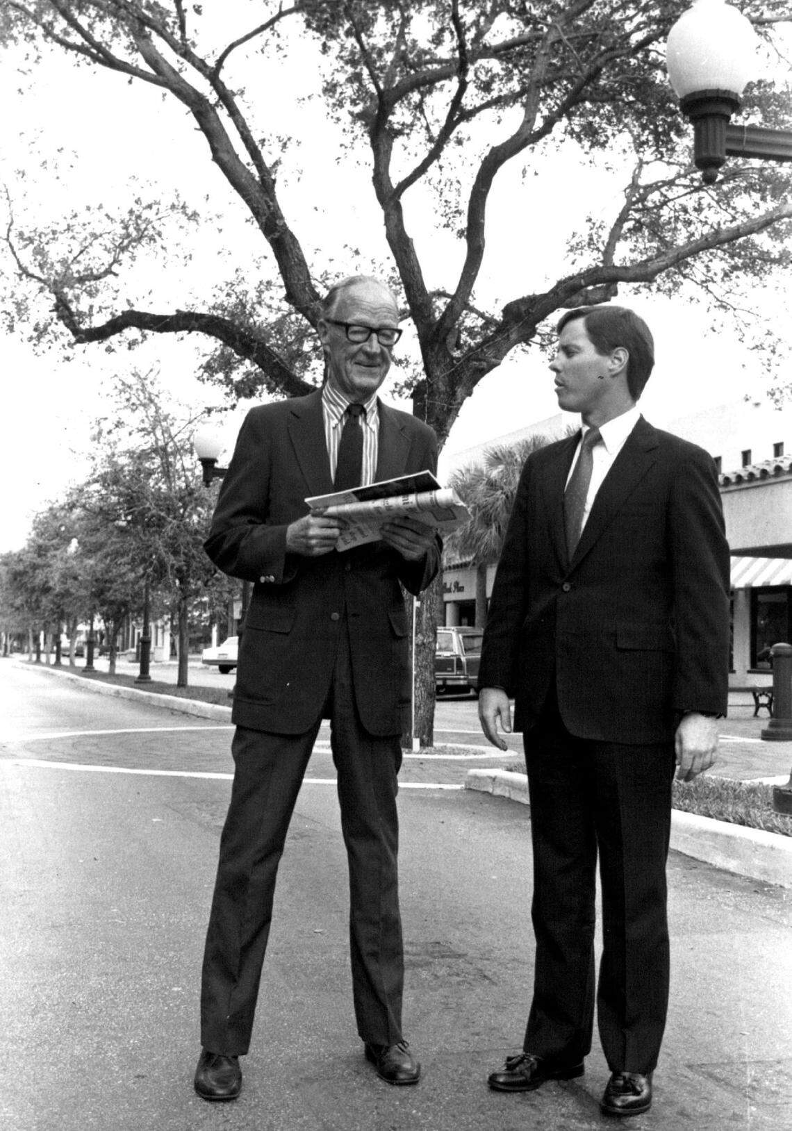 Lester Collins, left and William E. Graham on Main Street in 1987.