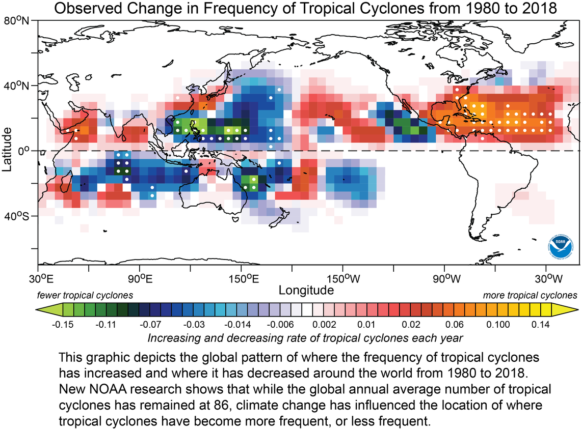 A NOAA graphic shows where hurricanes formed over the last 40 years. The north Atlantic was a hot spot.