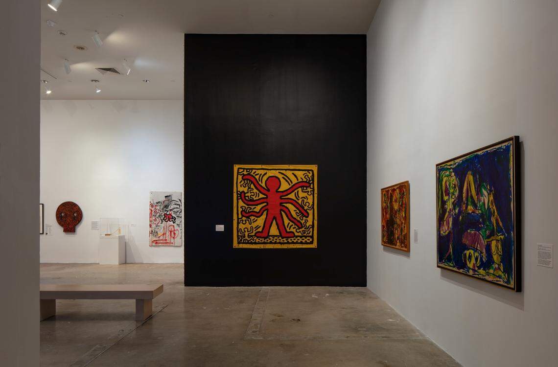 Keith Haring and Pierre Alechinsky both avoided the use of oil paint and canvas for their paintings and used ready-made materials instead. Haring made the untitled piece from April 1982, center, on a vinyl tarp that can be found in a hardware store. Alechinsky’s works, right, were done on paper.
