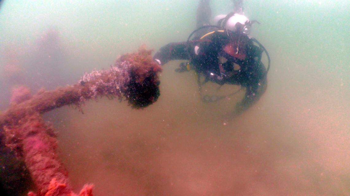 A scuba diver looks at an underwater structure in the bay’s murky waters.