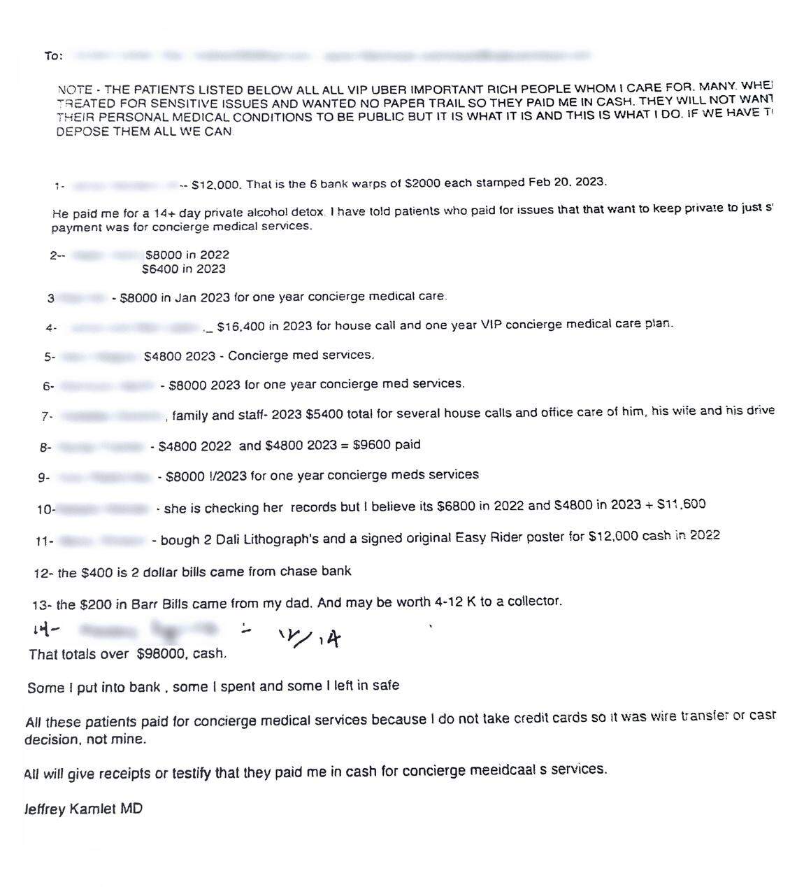 Kamlet’s list of “VIP uber important” clients who all paid him in cash.
