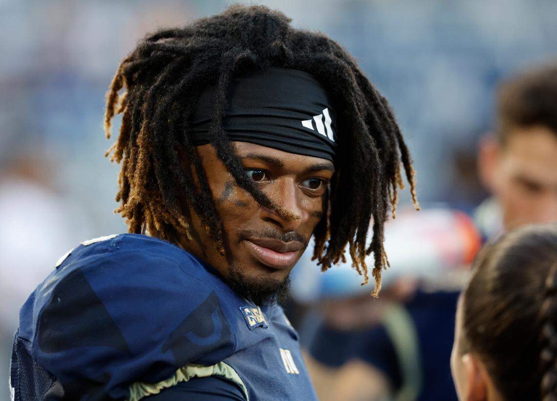 FIU Golden Panthers wide receiver Kris Mitchell (10) on the sidelines during the game against the Western Kentucky Hilltoppers at FIU Riccardo Silva Stadium in Miami on Saturday, November 25, 2023.