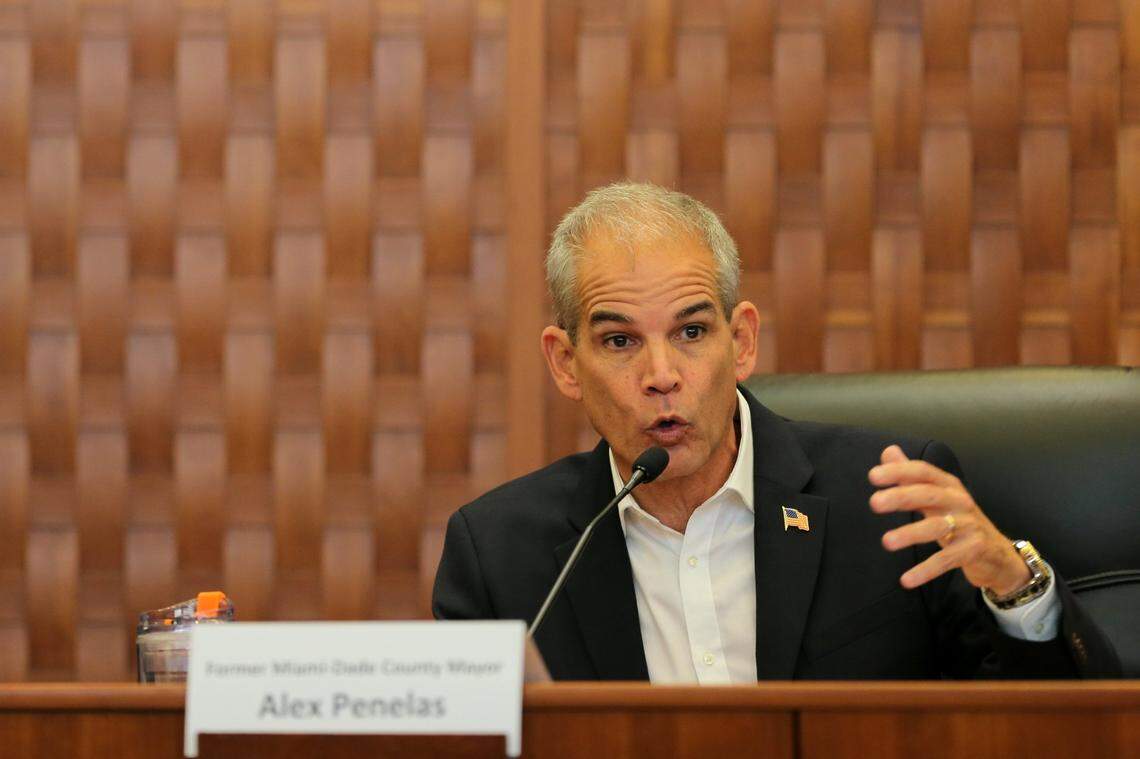 Miami-Dade County mayoral candidate Alex Penelas speaks during a debate at the government center in Sunny Isles Beach, Florida, on Monday, March 9, 2020.