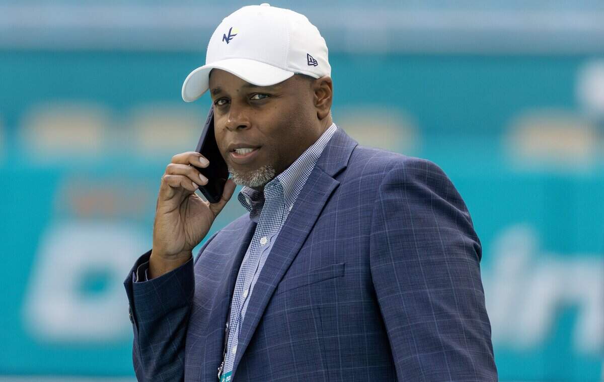 Miami Dolphins general manager Chris Grier looks on before the start of their NFL game against the New York Jets at Hard Rock Stadium on Sunday, Dec. 8, 2024, in Miami Gardens, Fla
