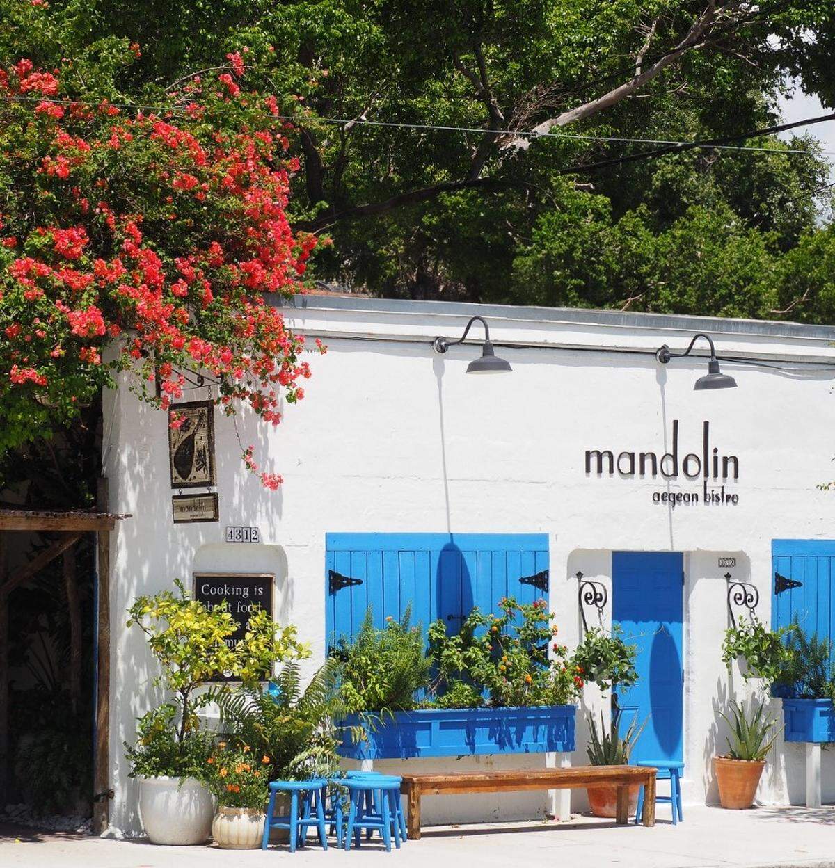 The exterior of Mandolin Aegean Bistro in Miami’s Design District.