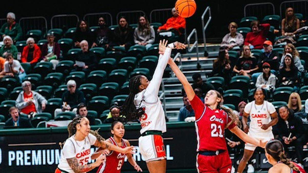 University of Miami guard Amarachi Kimpson had her best night since transferring from UNLV with 14 points in a 79-47 win over FAU on Nov. 13, 2025 at the Watsco Center.